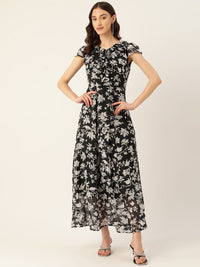 Thumbnail for Rue Collection Floral Print Flutter Sleeve Chiffon A - Line Maxi Dress - RueCollections