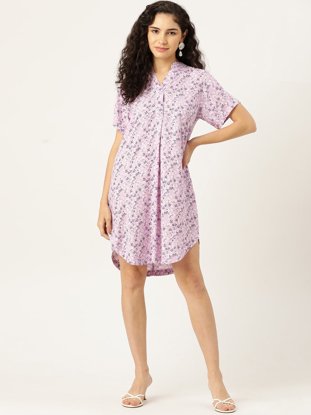 Rue Collection Floral Print Mandarin Collar Shirt Dress - RueCollections