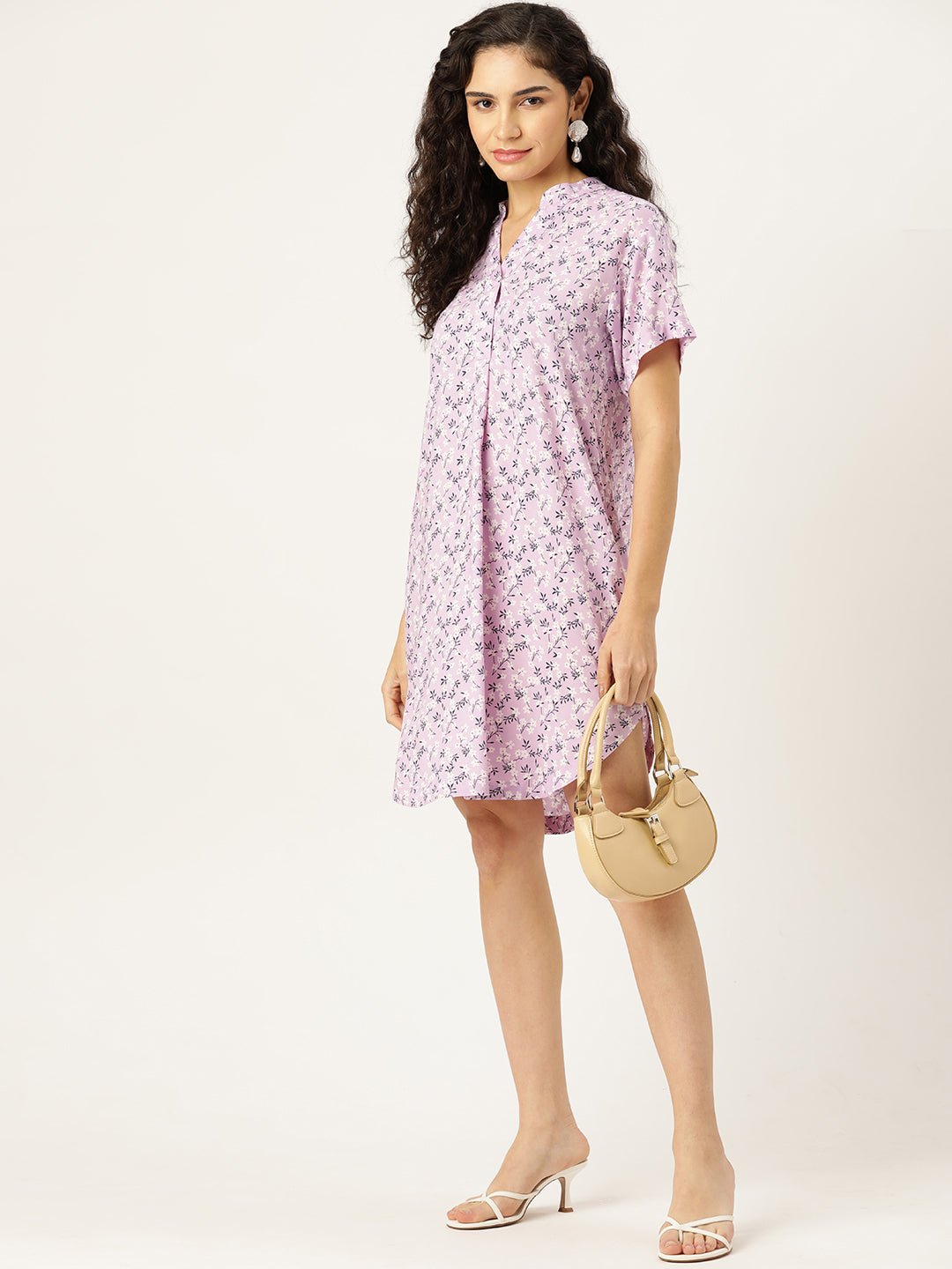 Rue Collection Floral Print Mandarin Collar Shirt Dress - RueCollections