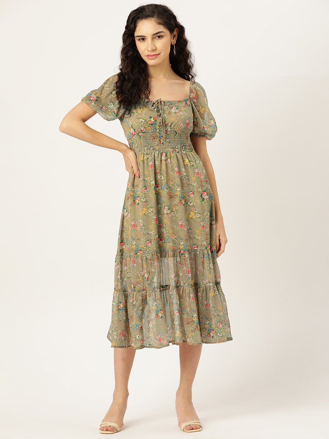 Rue Collection Floral Print Puff Sleeves Tiered Chiffon Fit & Flare Midi Dress - RueCollections