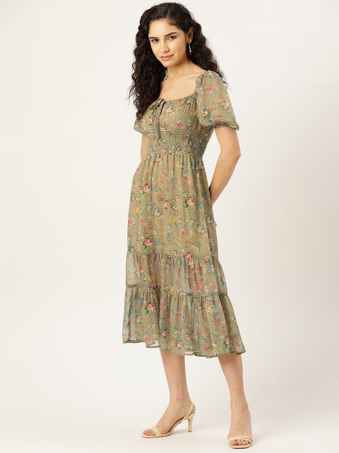 Rue Collection Floral Print Puff Sleeves Tiered Chiffon Fit & Flare Midi Dress - RueCollections