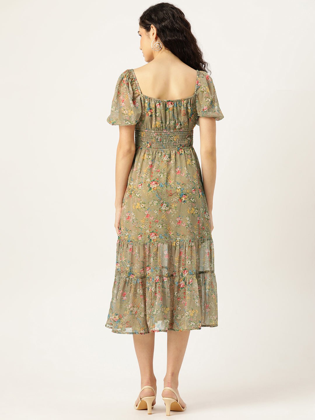 Rue Collection Floral Print Puff Sleeves Tiered Chiffon Fit & Flare Midi Dress - RueCollections