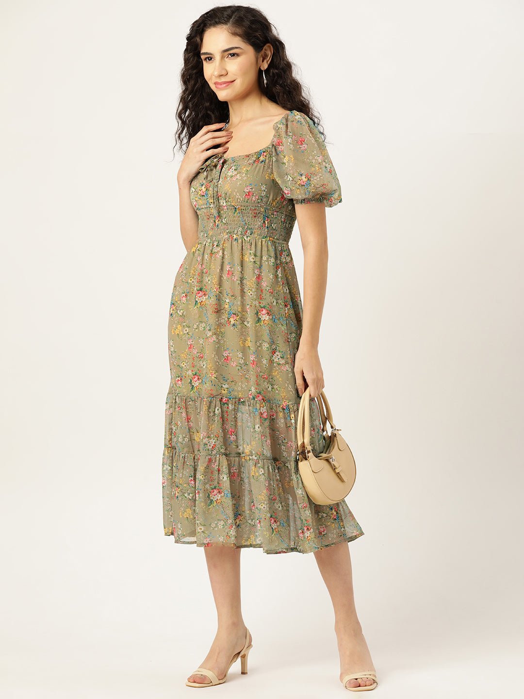 Rue Collection Floral Print Puff Sleeves Tiered Chiffon Fit & Flare Midi Dress - RueCollections