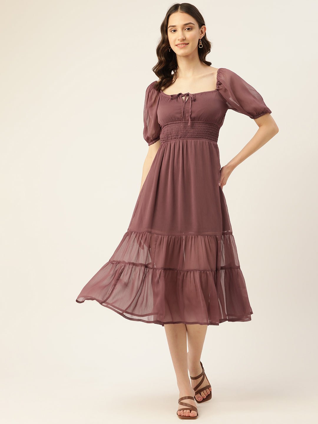 Rue Collection Mauve Smocked Tiered Fit & Flare Midi Dress - RueCollections