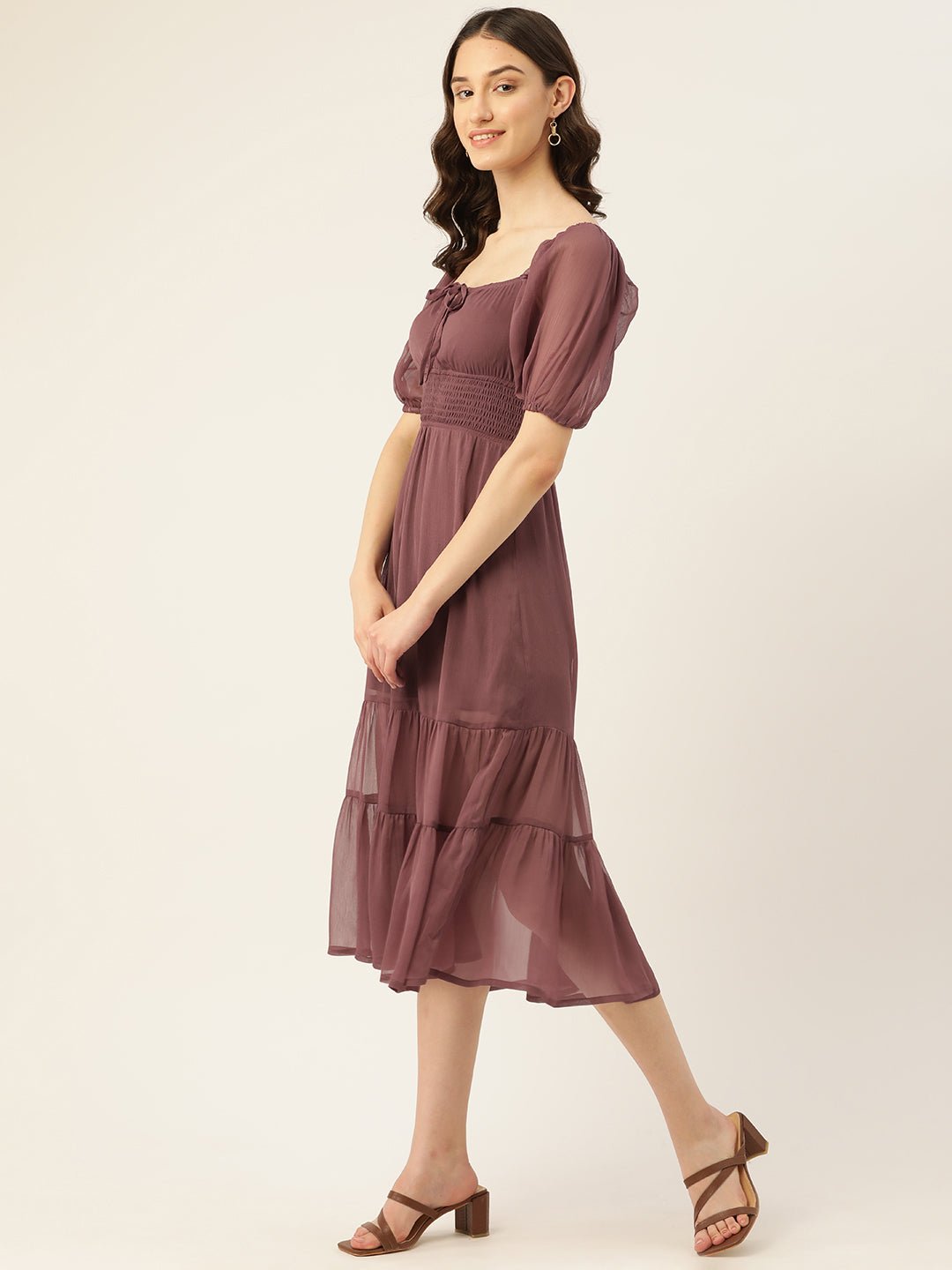 Rue Collection Mauve Smocked Tiered Fit & Flare Midi Dress - RueCollections