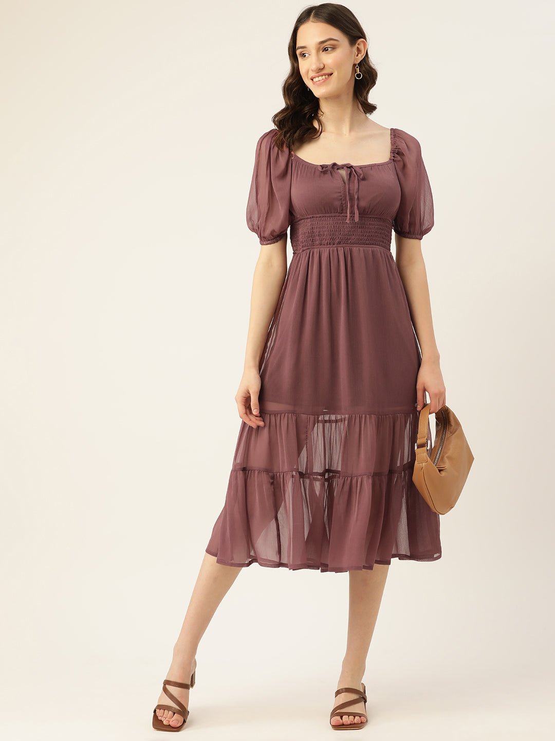 Rue Collection Mauve Smocked Tiered Fit & Flare Midi Dress - RueCollections