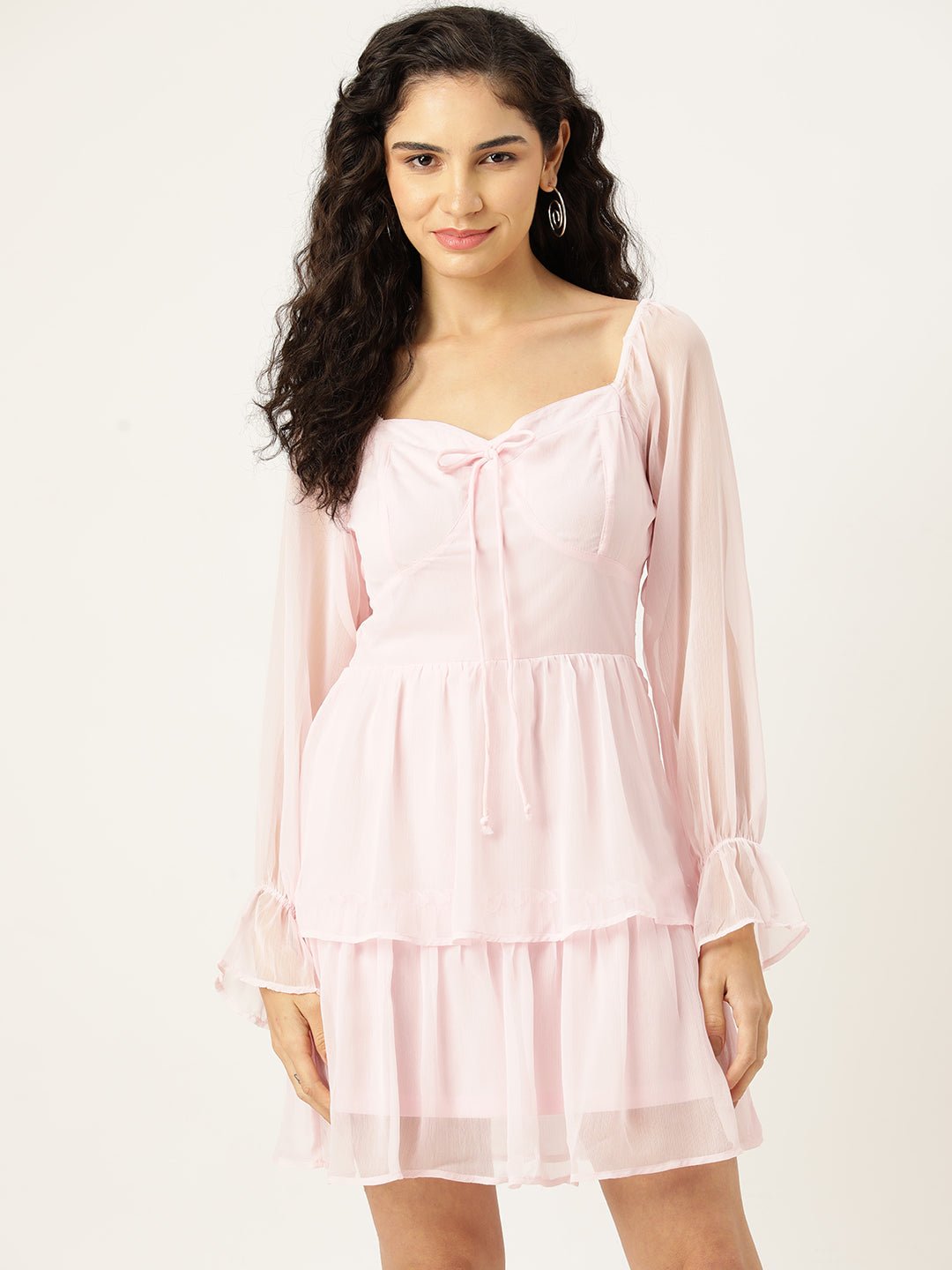 Rue Collection Puff Sleeves Sweetheart Neck Layered Chiffon A - Line Dress - RueCollections