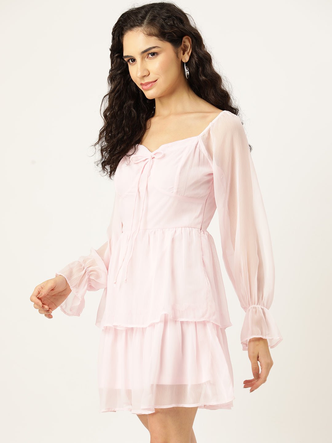 Rue Collection Puff Sleeves Sweetheart Neck Layered Chiffon A - Line Dress - RueCollections