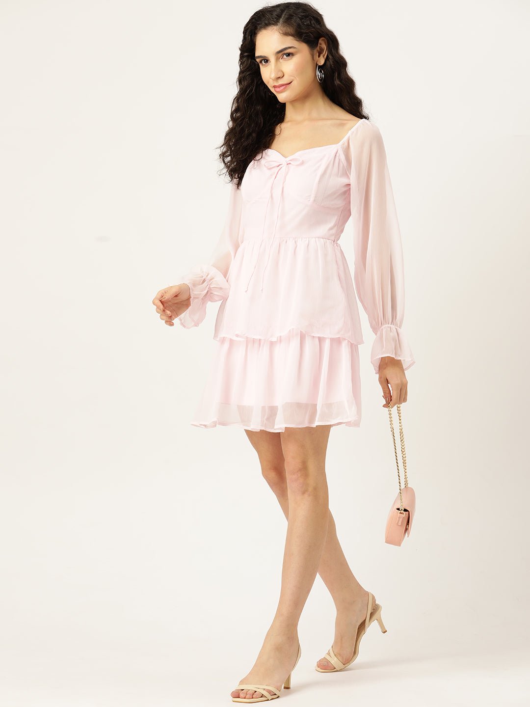 Rue Collection Puff Sleeves Sweetheart Neck Layered Chiffon A - Line Dress - RueCollections