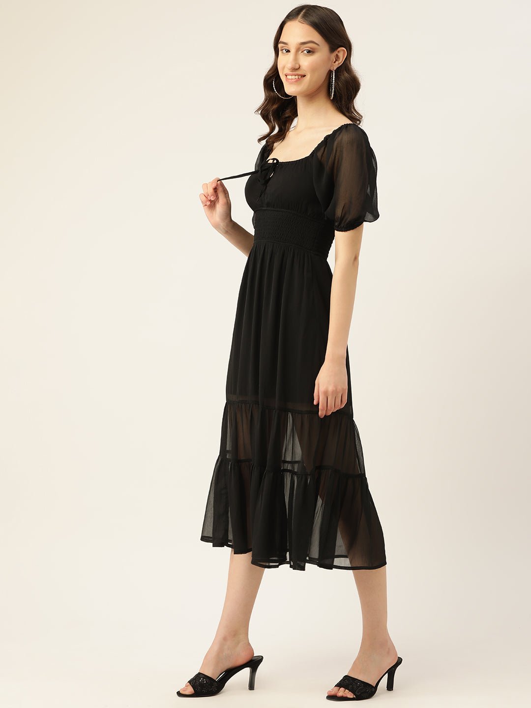 Rue Collection Tie - Up Neck Chiffon A - Line Midi Dress - RueCollections