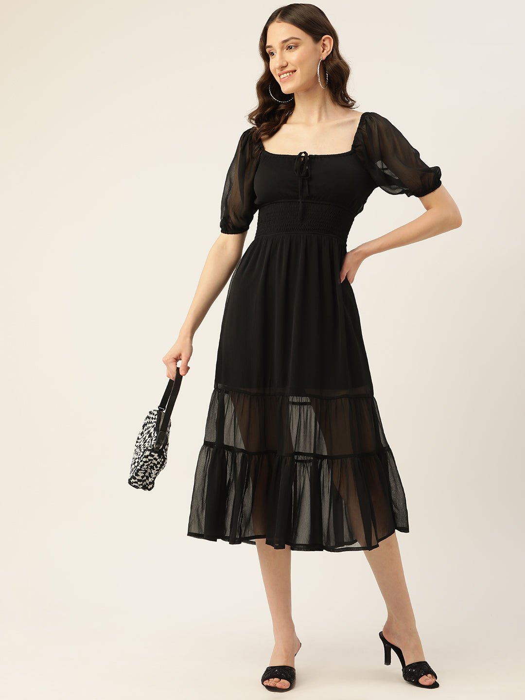 Rue Collection Tie - Up Neck Chiffon A - Line Midi Dress - RueCollections