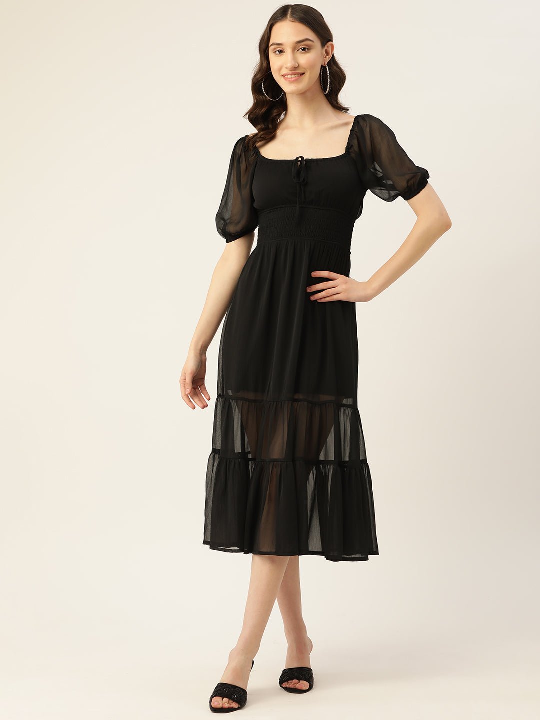 Rue Collection Tie - Up Neck Chiffon A - Line Midi Dress - RueCollections