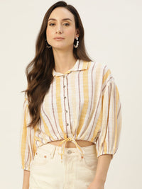 Thumbnail for Rue Collection White & Yellow Striped Crop Top - RueCollections