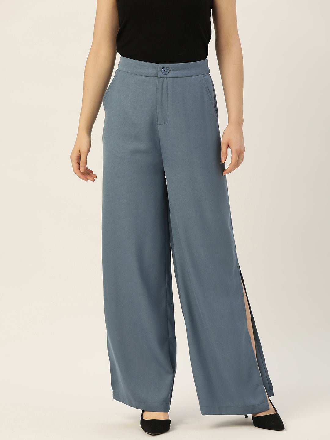 Rue Collection Women Blue Relaxed Loose Fit High - Rise Trousers - RueCollections