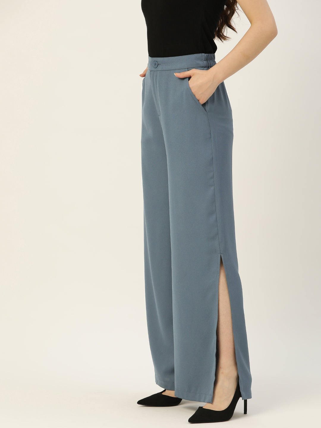 Rue Collection Women Blue Relaxed Loose Fit High - Rise Trousers - RueCollections