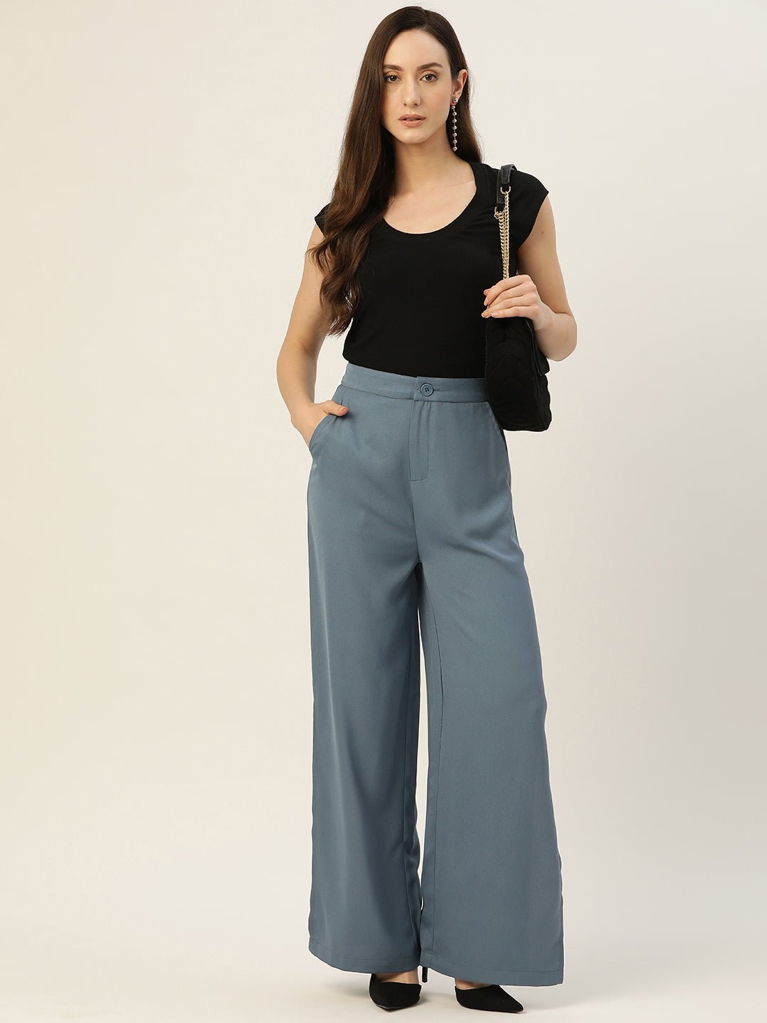 Rue Collection Women Blue Relaxed Loose Fit High - Rise Trousers - RueCollections