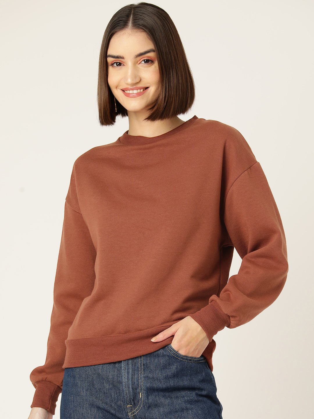 Rust solid Fleece Sweatshirt - RueCollections