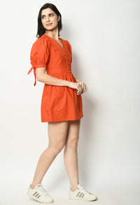 Thumbnail for Short Poplin Puff Sleeved Dress With Front Buttons - RueCollections