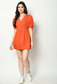 Thumbnail for Short Poplin Puff Sleeved Dress With Front Buttons - RueCollections