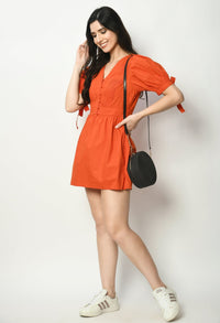 Thumbnail for Short Poplin Puff Sleeved Dress With Front Buttons - RueCollections