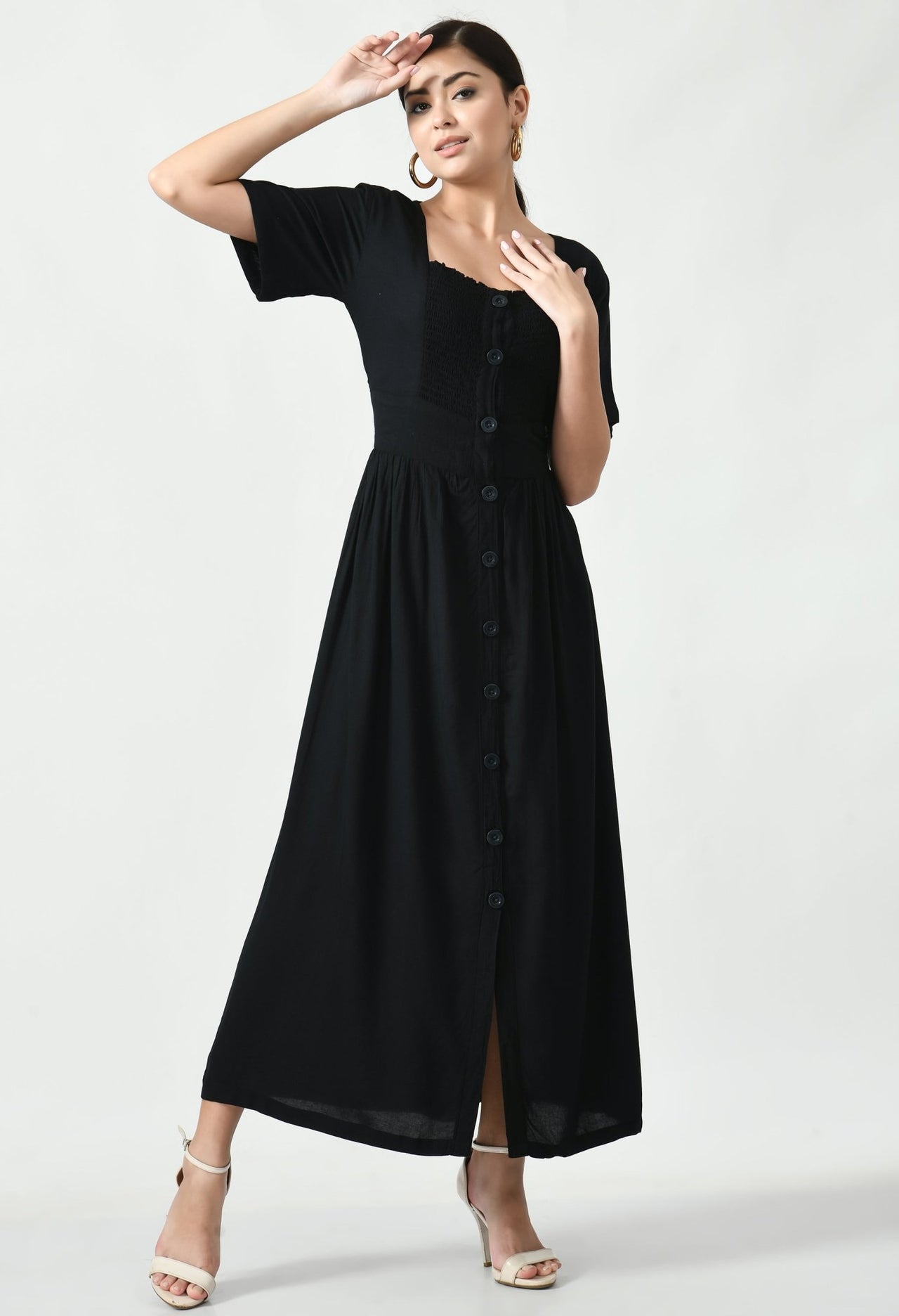 Smocked Maxi Button Down Dress - RueCollections