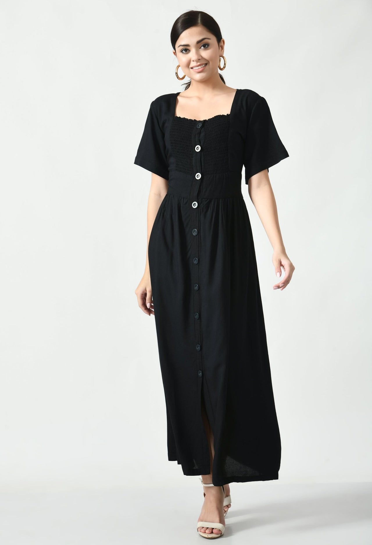 Smocked Maxi Button Down Dress - RueCollections