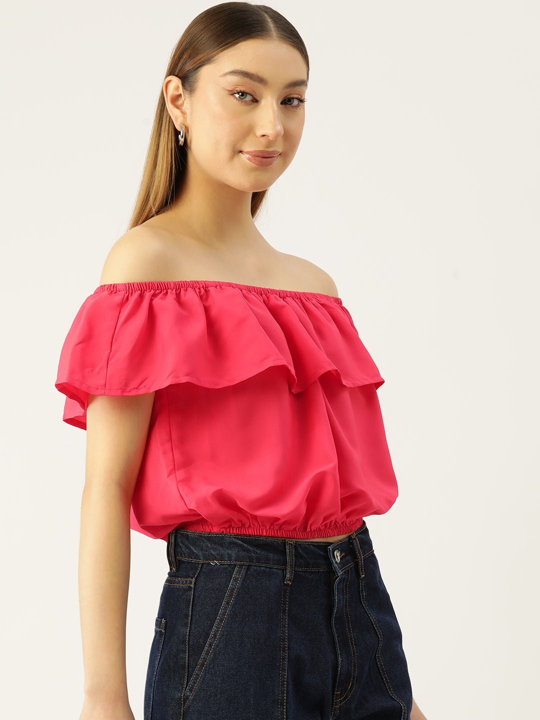 Solid Off - Shoulder Flared Sleeve Crepe Bardot Crop Top - RueCollections