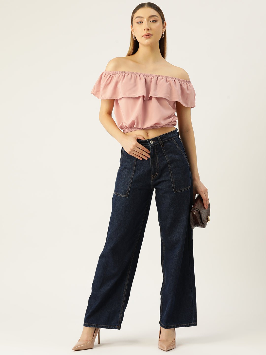 Solid Off - Shoulder Flared Sleeve Crepe Bardot Crop Top - RueCollections