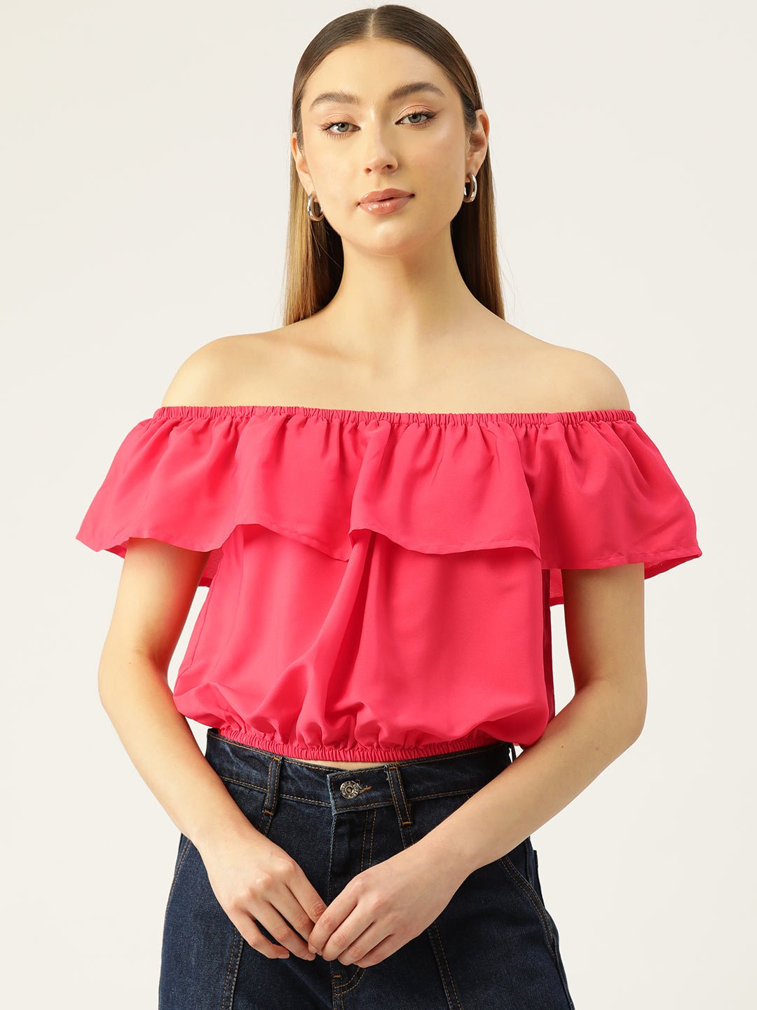 Solid Off - Shoulder Flared Sleeve Crepe Bardot Crop Top - RueCollections