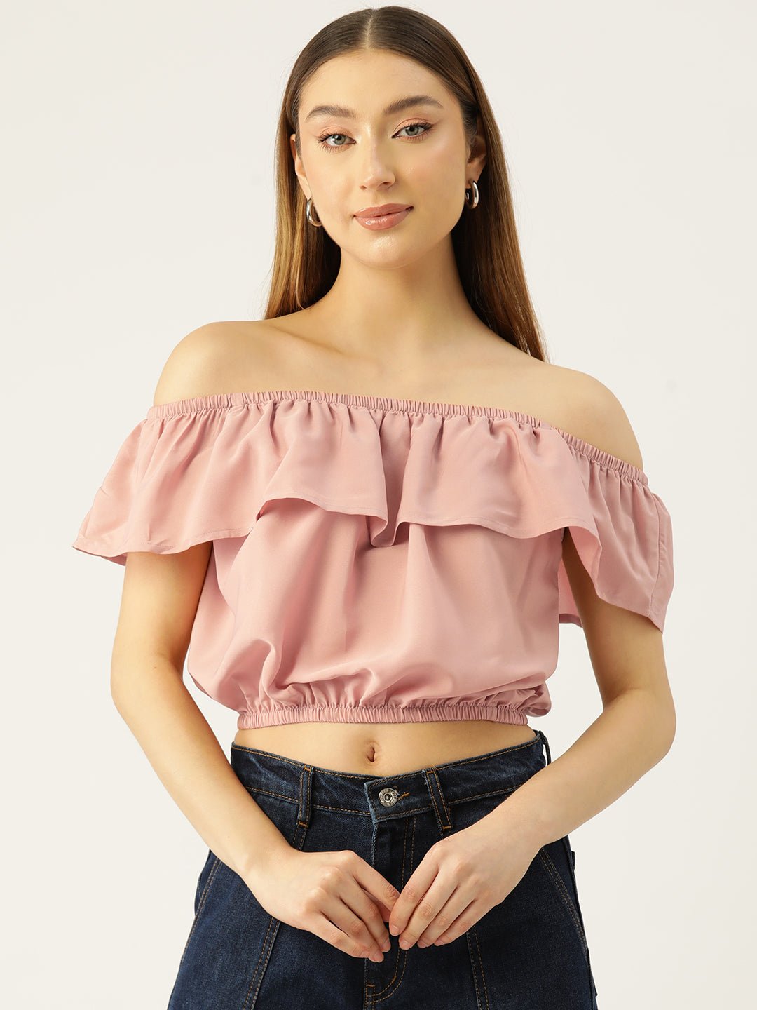 Solid Off - Shoulder Flared Sleeve Crepe Bardot Crop Top - RueCollections