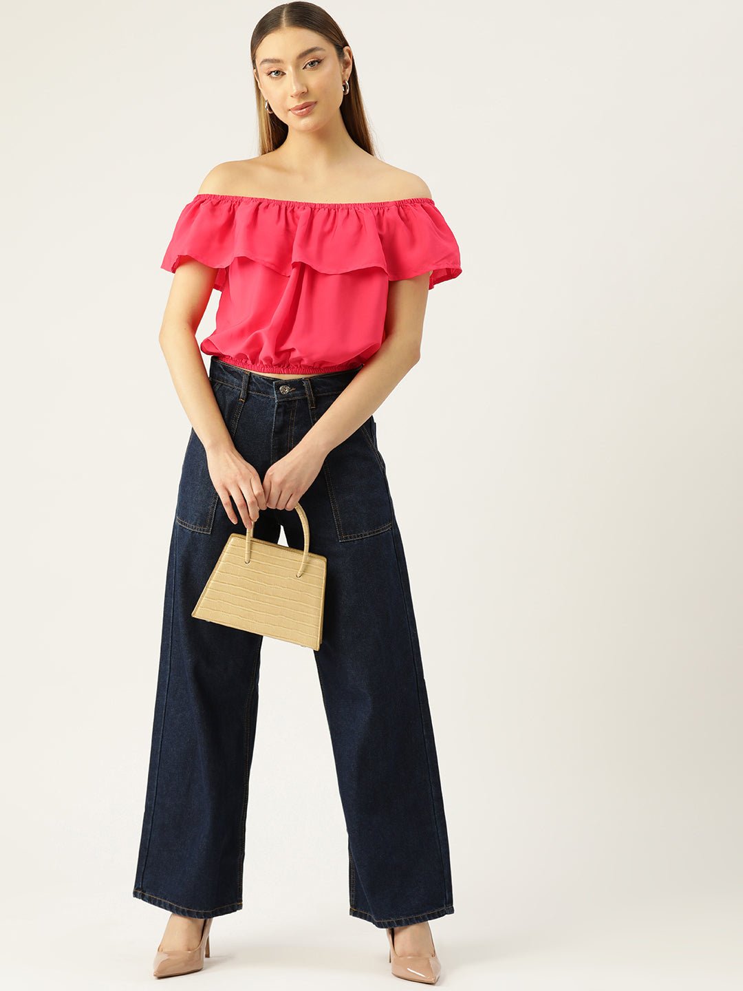 Solid Off - Shoulder Flared Sleeve Crepe Bardot Crop Top - RueCollections