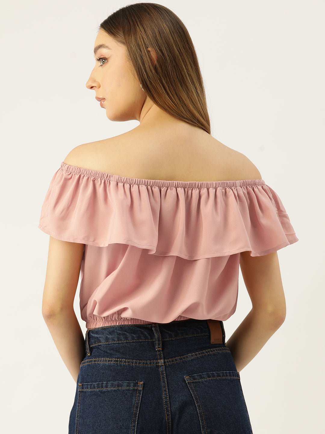 Solid Off - Shoulder Flared Sleeve Crepe Bardot Crop Top - RueCollections