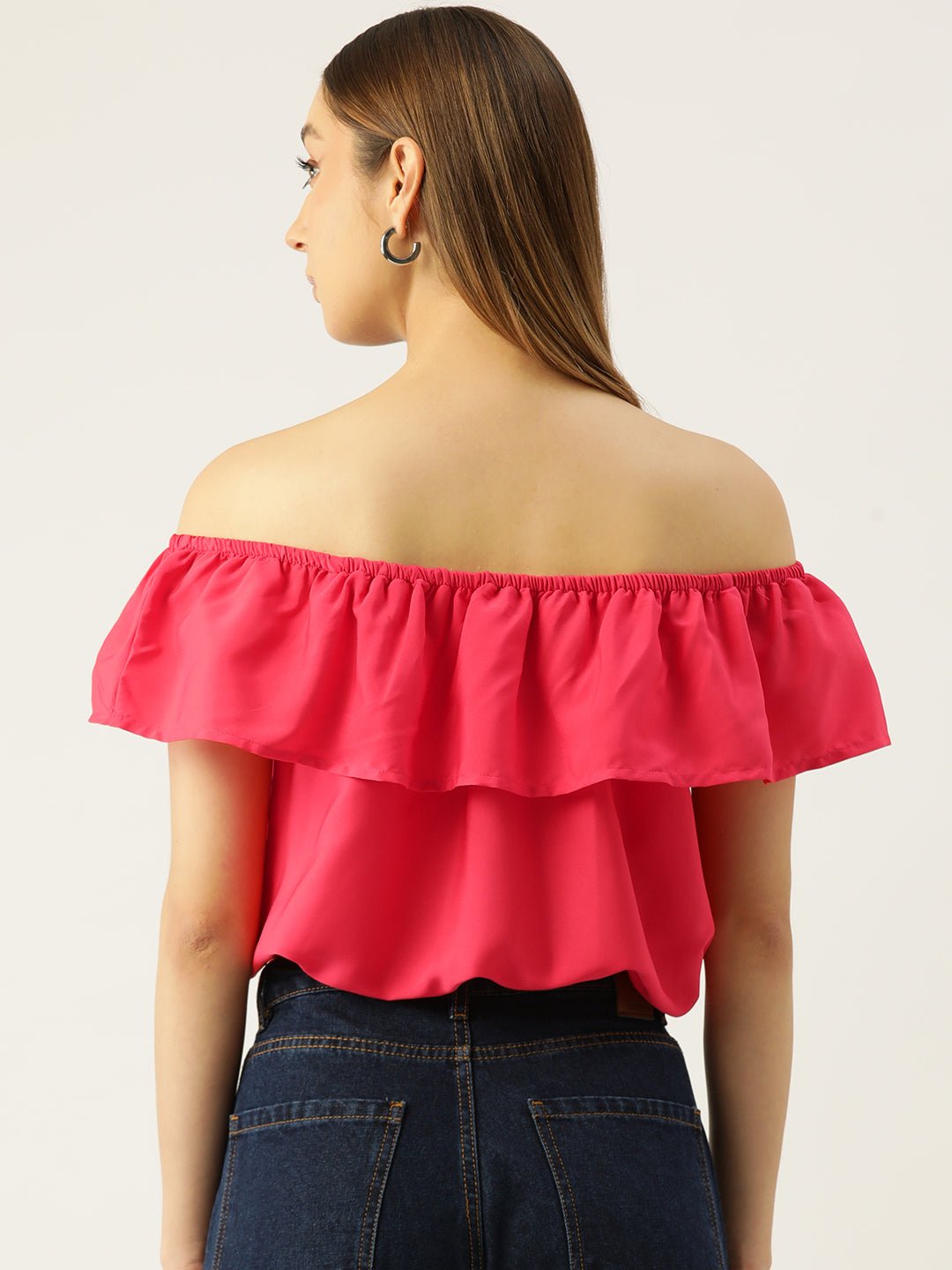 Solid Off - Shoulder Flared Sleeve Crepe Bardot Crop Top - RueCollections