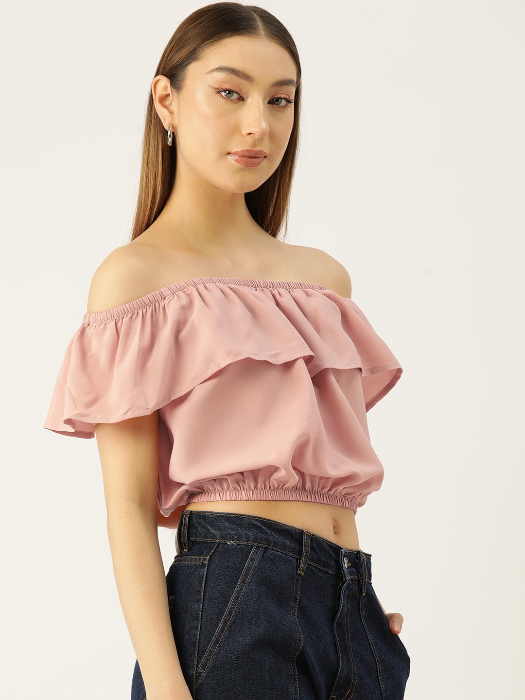 Solid Off - Shoulder Flared Sleeve Crepe Bardot Crop Top - RueCollections