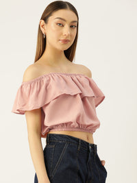 Thumbnail for Solid Off - Shoulder Flared Sleeve Crepe Bardot Crop Top - RueCollections