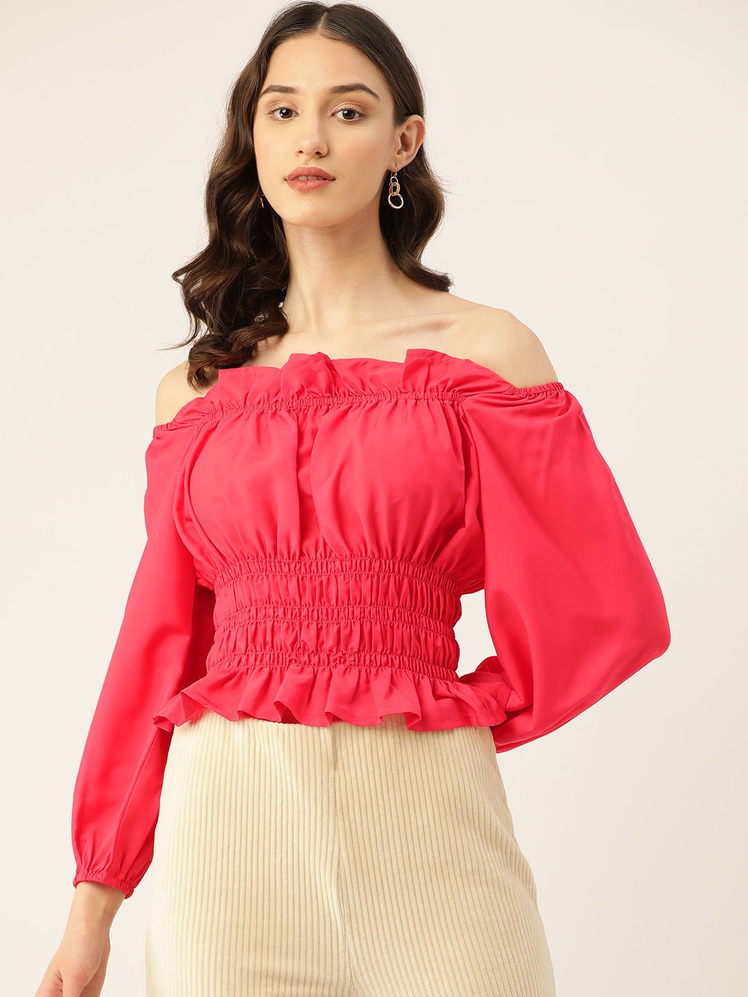 Solid Off - Shoulder Smocked Crepe Top - RueCollections