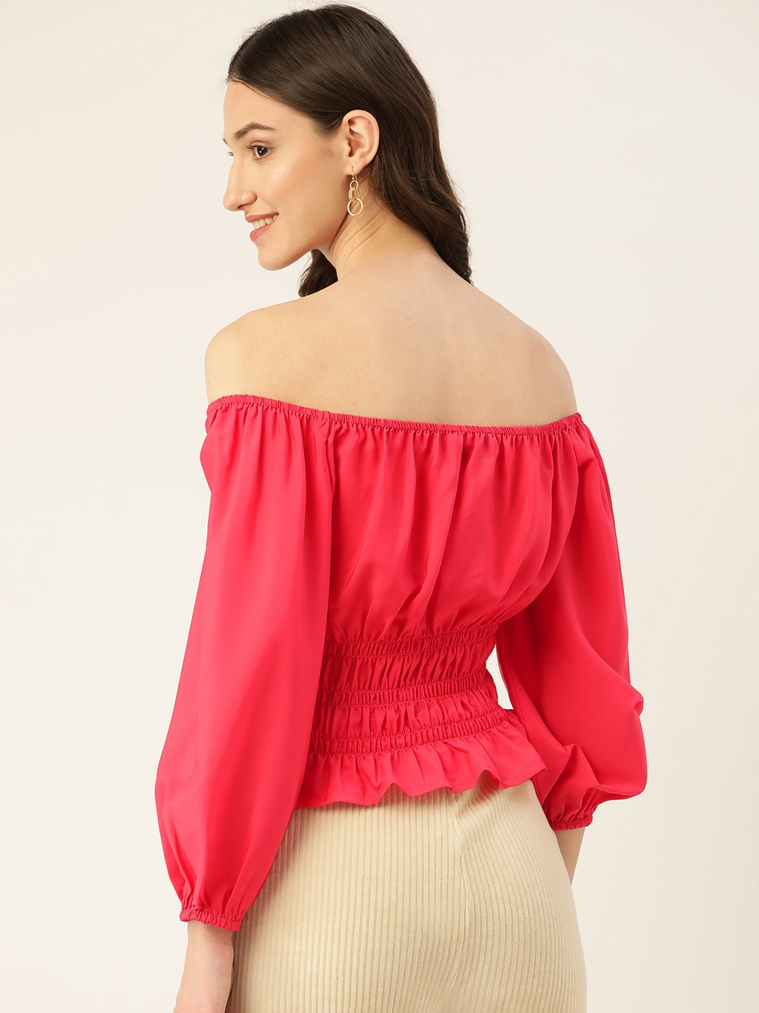 Solid Off - Shoulder Smocked Crepe Top - RueCollections