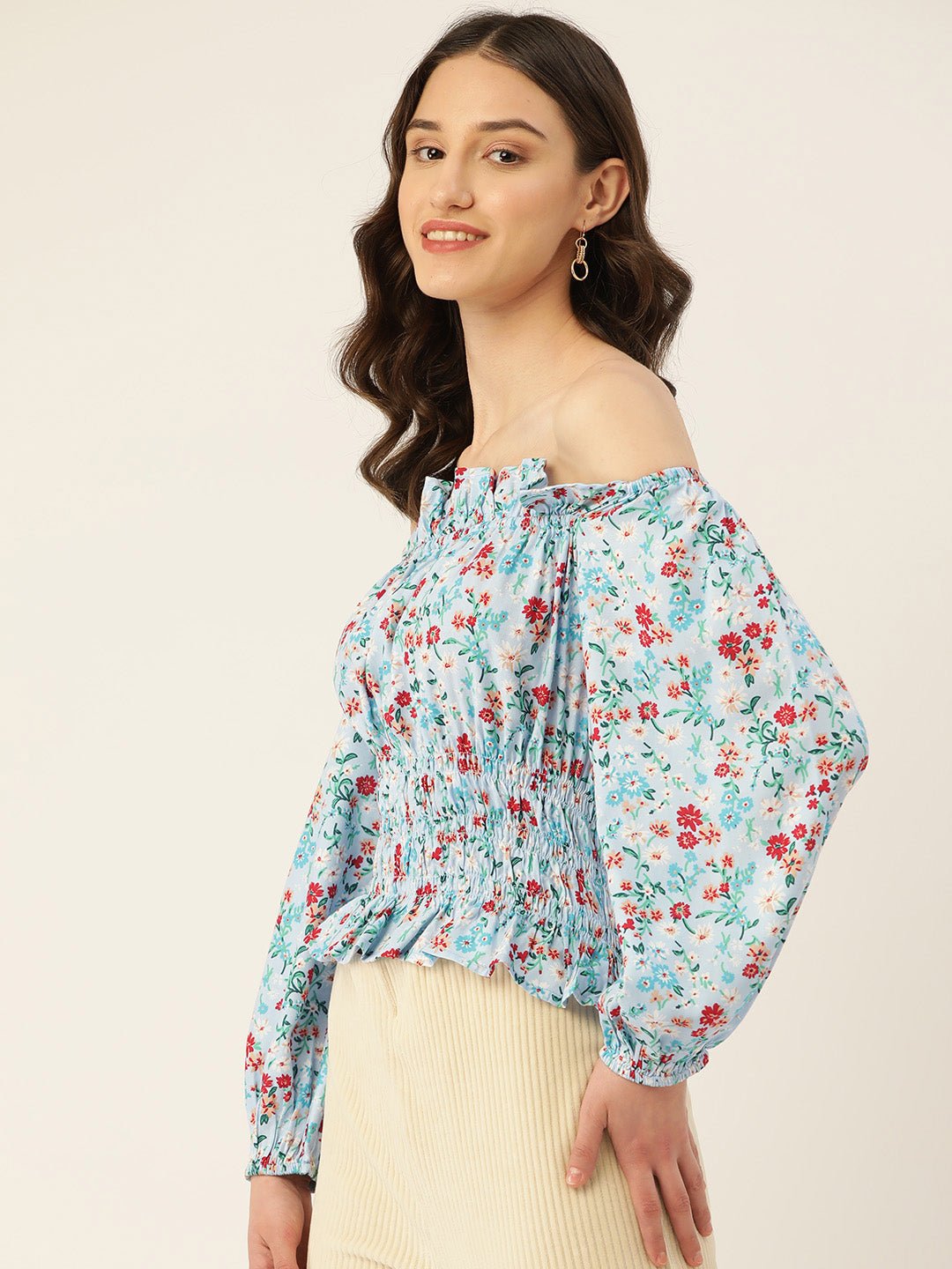 Solid Off - Shoulder Smocked Crepe Top - RueCollections