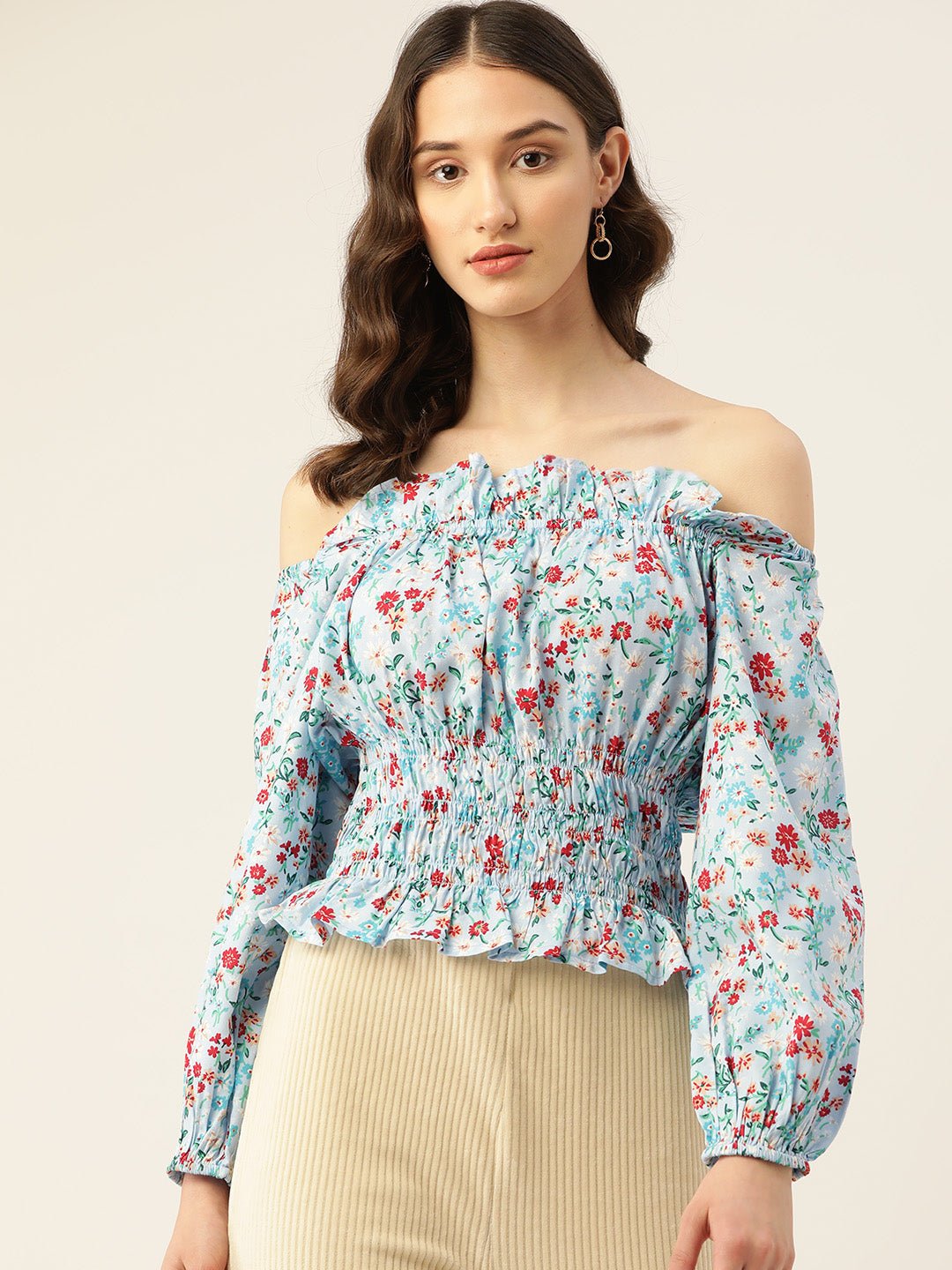 Solid Off - Shoulder Smocked Crepe Top - RueCollections