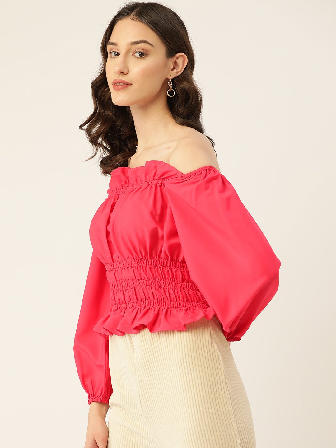 Solid Off - Shoulder Smocked Crepe Top - RueCollections