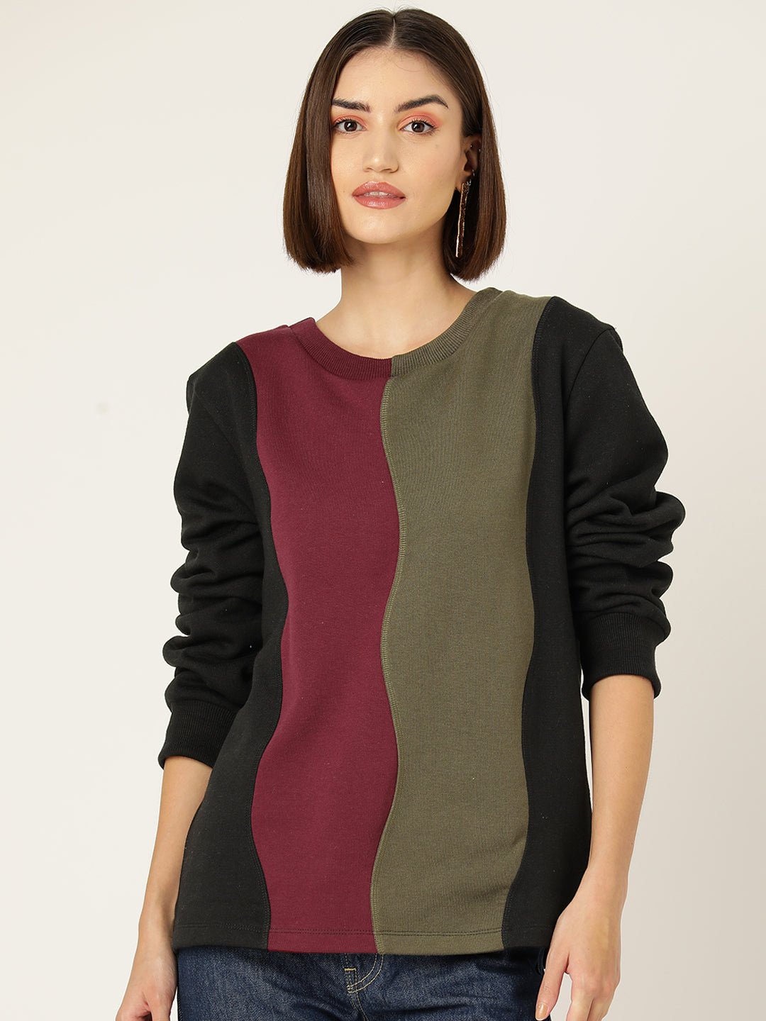 Striped Colour Blocked Fleece Sweatshirt - RueCollections