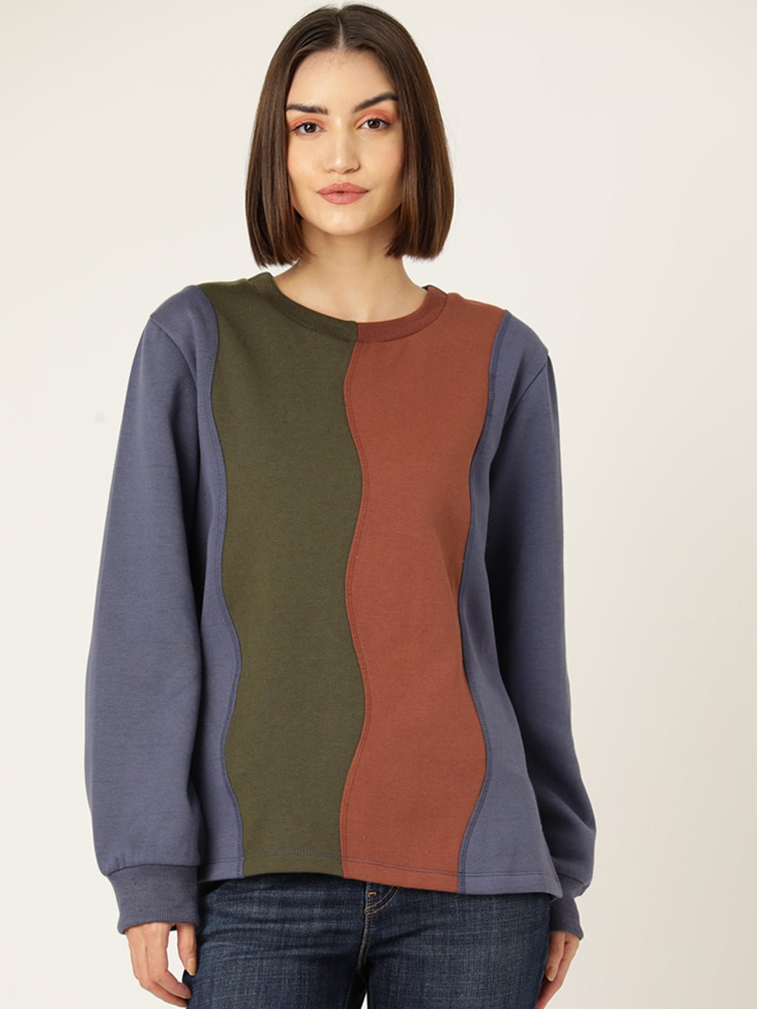 Striped Colour Blocked Fleece Sweatshirt - RueCollections