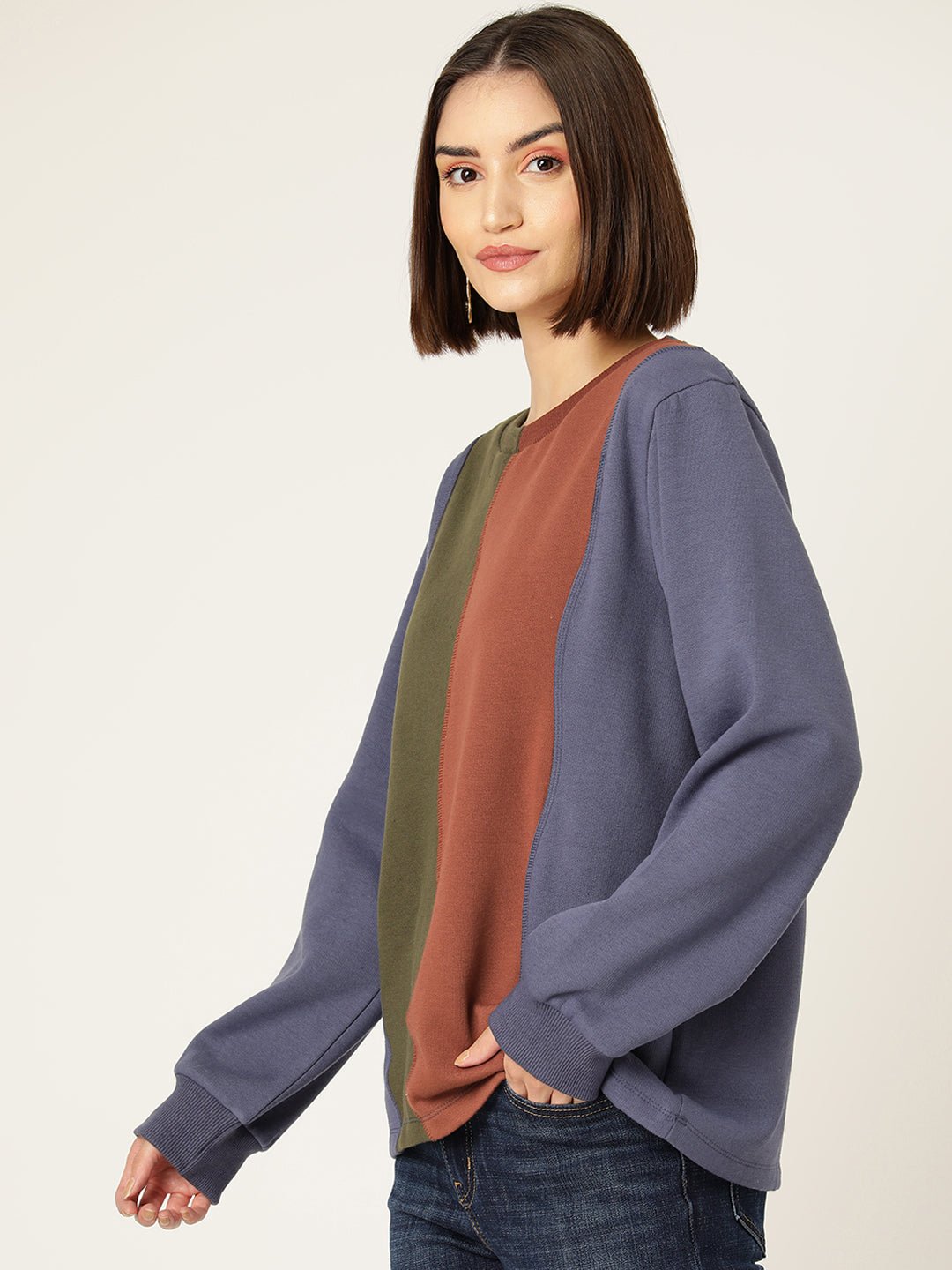 Striped Colour Blocked Fleece Sweatshirt - RueCollections