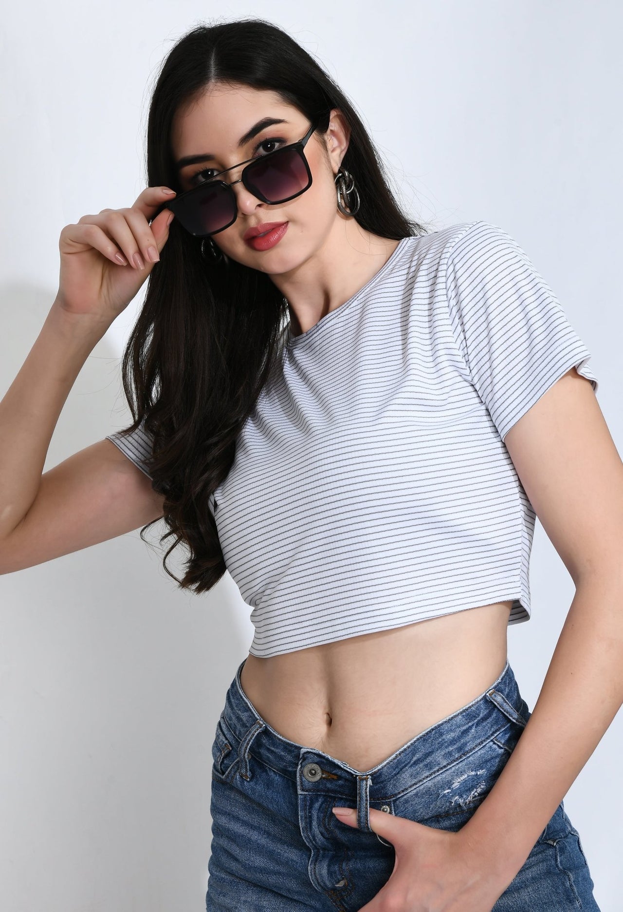 Striped Over White Cropped Tee - RueCollections