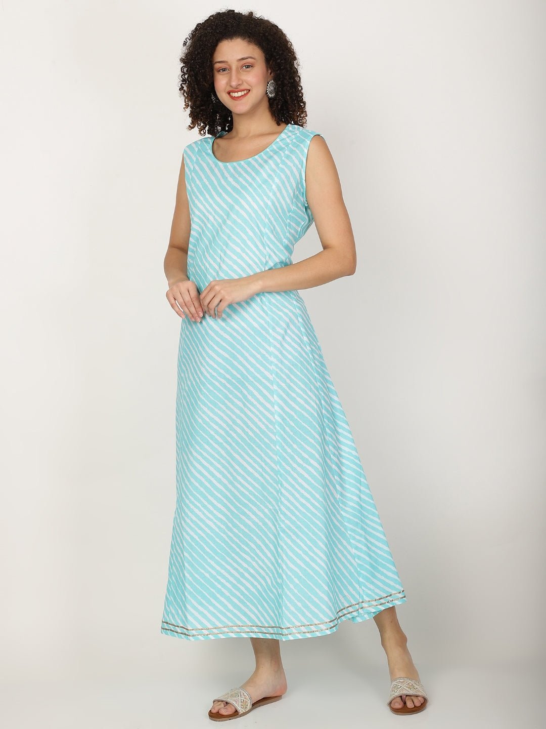 Striped Round Neck Sleeveless Cotton A - line Kurta - RueCollections