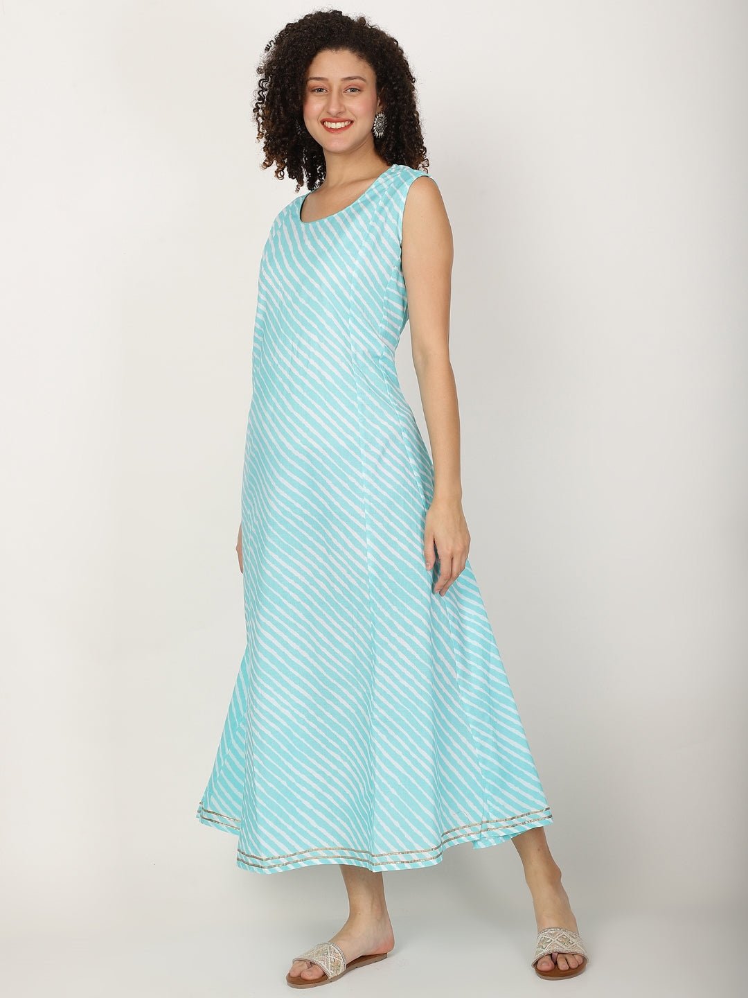 Striped Round Neck Sleeveless Cotton A - line Kurta - RueCollections