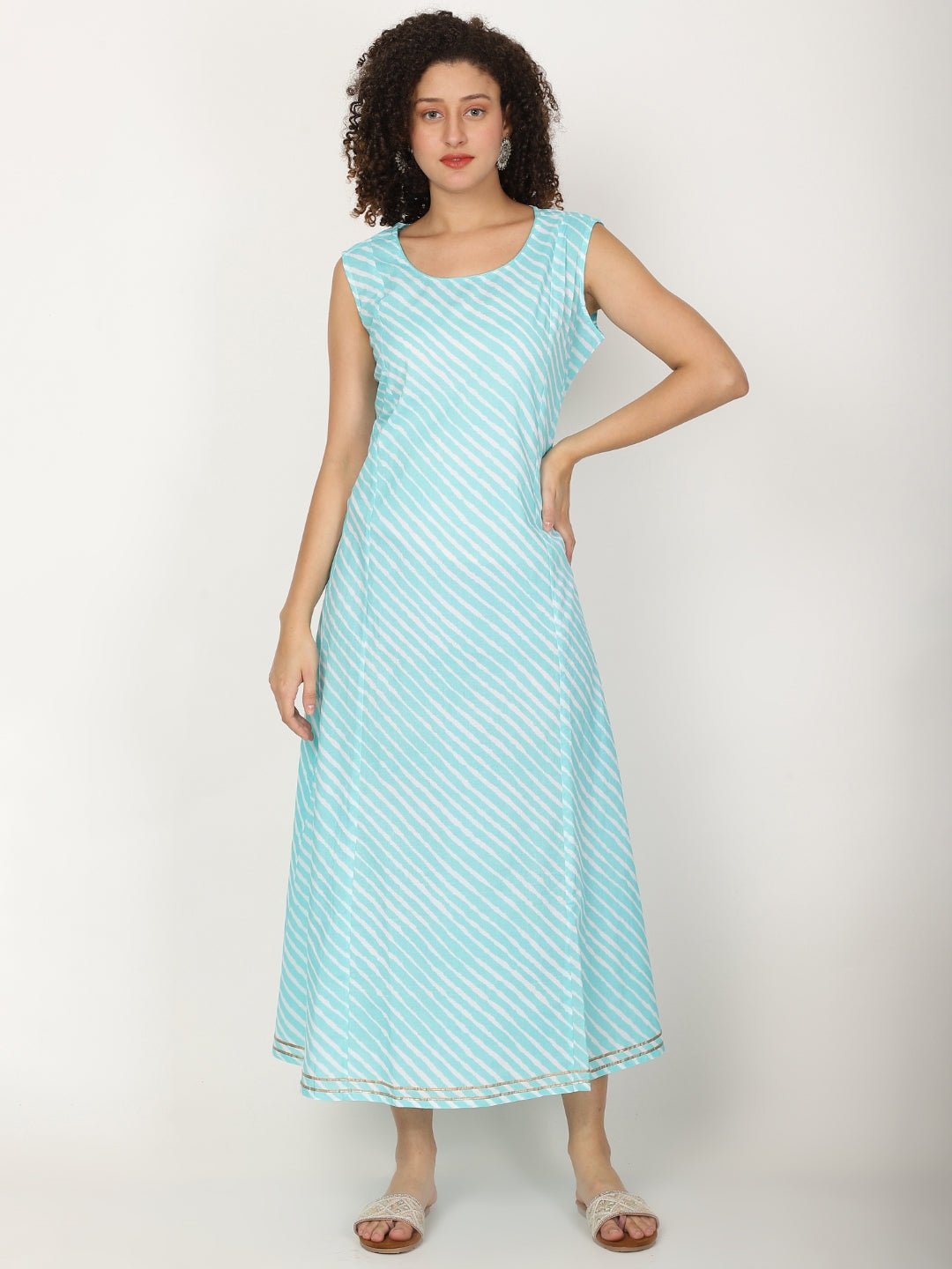 Striped Round Neck Sleeveless Cotton A - line Kurta - RueCollections