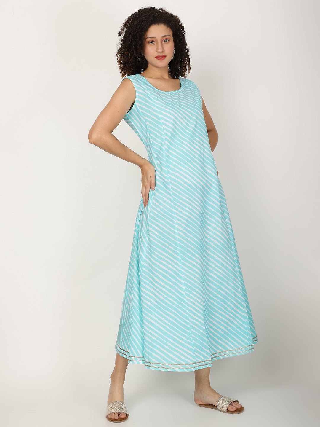 Striped Round Neck Sleeveless Cotton A - line Kurta - RueCollections