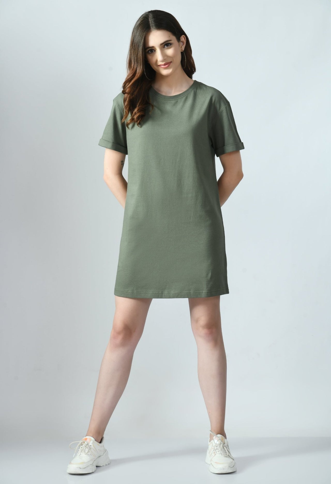 T-shirt Dress With Roll - Up Sleeves - RueCollections