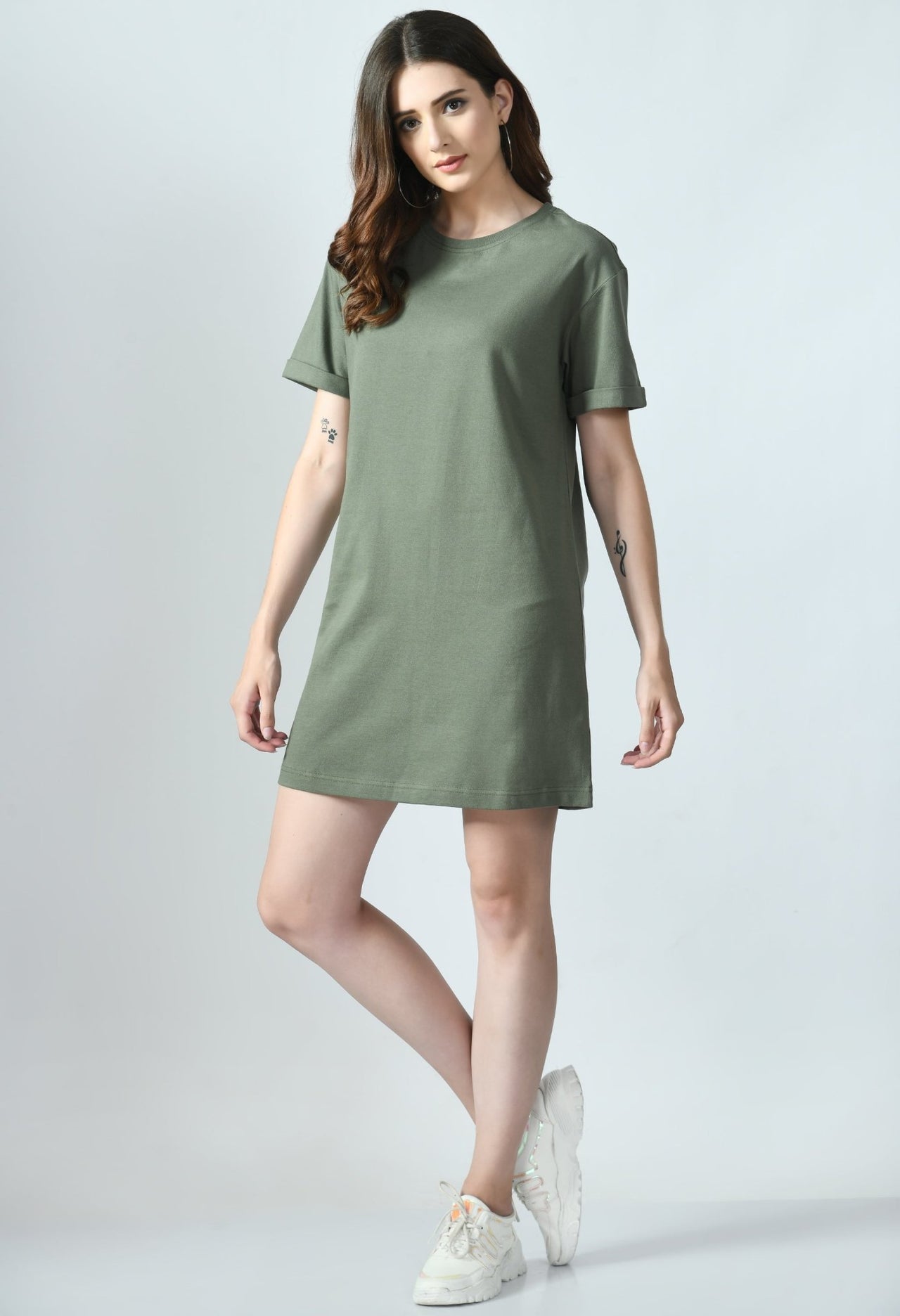 T-shirt Dress With Roll - Up Sleeves - RueCollections